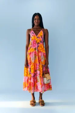 Farm Rio Flowers Garden Maxi Dress -Beachwear Threads 303980 Apparel Dress Flowers Garden Pink Colorful Lifestyle