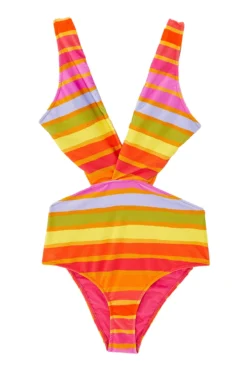 Farm Rio Shiny Stripes One Piece Swimsuit -Beachwear Threads 307149 One Piece Swimsuit Shiny Stripes Laydown
