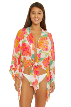 Poppy Tie-Front Beach Shirt -Beachwear Threads 3733935 Apparel Top White Multi Front 2