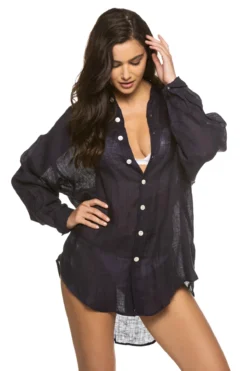 Playa Button Down Shirt Dress -Beachwear Threads 8NLSEGMD Apparel Top Midnight EcoLinen Gauze Front1
