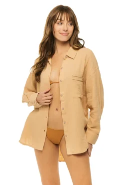 Palm Tree Shirt Dress -Beachwear Threads B11189 Apparel Top Honey Peach W Bronze Front1