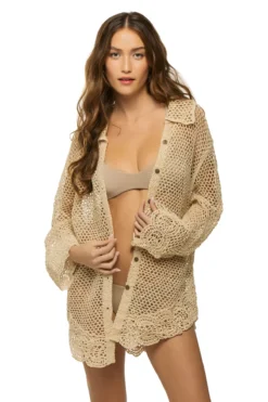 Crochet Button Up Shirt Dress -Beachwear Threads E11113 Apparel Top Natural W Gold Lurex Front1