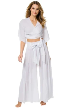 ELAN Wide Leg Bow Tie Pants -Beachwear Threads ELA WHITE WH Bottoms Front 90418