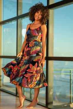 Sunlit Soiree Tiered Midi Dress -Beachwear Threads LB3VH67 Apparel Dress Multi Lifestyle