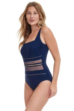 Metallic Mesh One Piece Swimsuit 5 Metallic Mesh One Piece Swimsuit -Beachwear Threads OO 172A One Piece Swimsuit Navy Gold Side