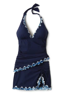 Ruffle Halter Tankini Top -Beachwear Threads PRO BLUE NV Tops Laydown 99042