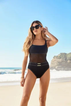 Stitched Mesh One Piece Swimsuit -Beachwear Threads RBFL23231 One Piece Swimsuit Black Lifestyle