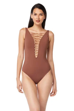 Lace Up Plunge One Piece Swimsuit