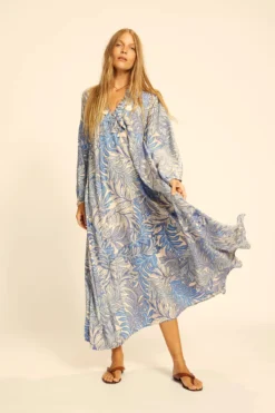 Fiore Silk Maxi Dress -Beachwear Threads S002 FIORE N Apparel Dress Jungle Print Lake Blue Lifestyle