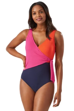 Tommy Bahama Color Block Wrap Front One Piece Swimsuit