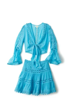 ELAN Crochet Tie Front Crop Top -Beachwear Threads VCL10545 Apparel Top Aqua Laydown