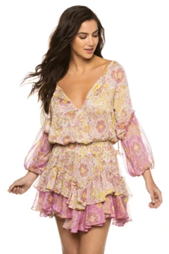 Viviana Ruffle Mini Dress -Beachwear Threads XIDR8120 Apparel Dress Flora Medallion Mix Front1